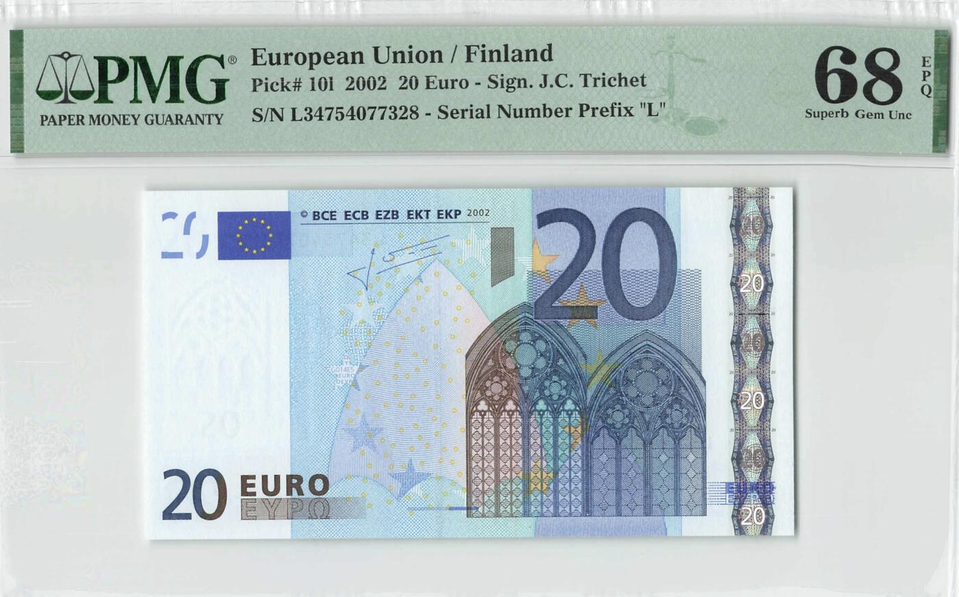 小福收藏拍卖第196期 评级币精选场 本期有68分倒置号布隆迪世界最大纸币 泰国69年10铢纪念钞0A冠百位倒置号  文莱06年500吉令特首年首冠 丹麦经典大松鼠 俄罗斯 玻利维亚 东加勒比 亚美尼亚等多国精美高分珍稀老钞精品纸币 芬兰 2002年 20元 二签 尾8 PMG68 EPQ 亚军分(冠军分仅1枚）