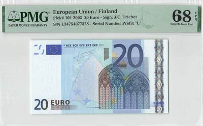 小福收藏拍卖第196期 评级币精选场 本期有68分倒置号布隆迪世界最大纸币 泰国69年10铢纪念钞0A冠百位倒置号  文莱06年500吉令特首年首冠 丹麦经典大松鼠 俄罗斯 玻利维亚 东加勒比 亚美尼亚等多国精美高分珍稀老钞精品纸币 - 芬兰 2002年 20元 二签 尾8 PMG68 EPQ 亚军分(冠军分仅1枚）