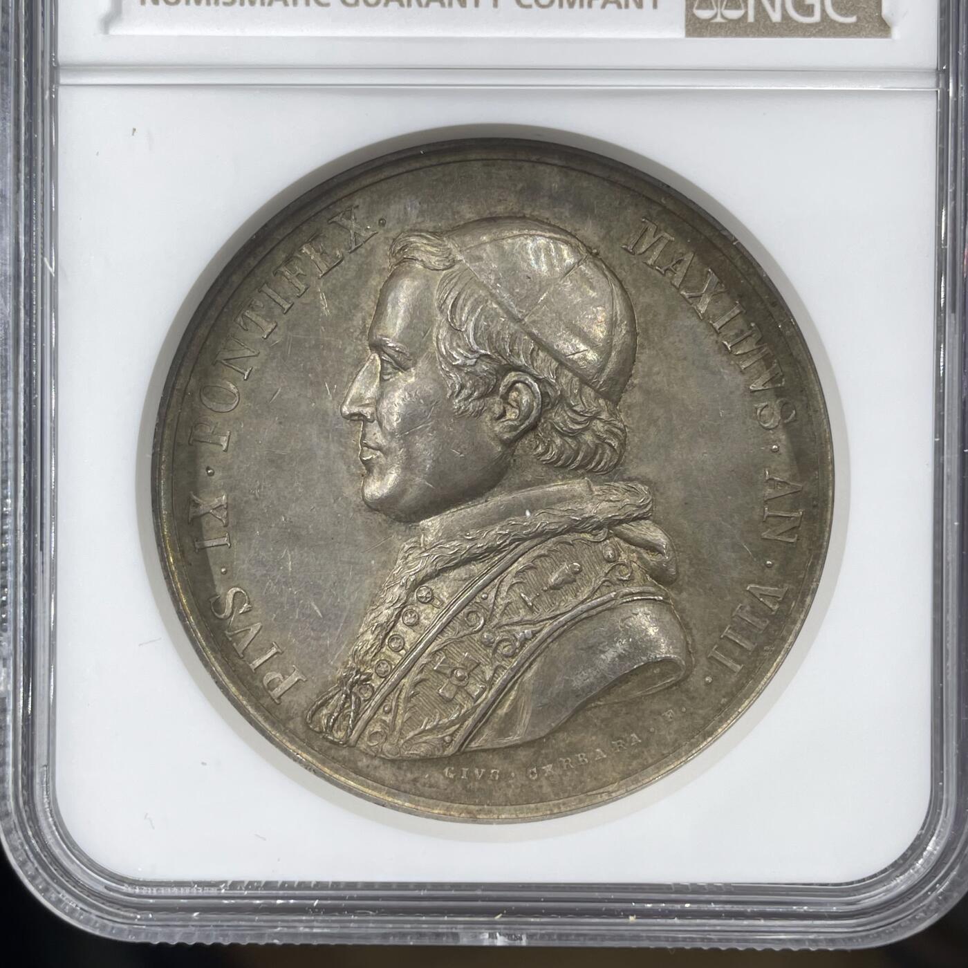 「木头集藏」章牌精品专场！ 1853年梵蒂冈教皇庇护九世 拉特朗宫博物馆扩建 纪念银章，MS 63，较少见教皇纪念银章，品相不错。