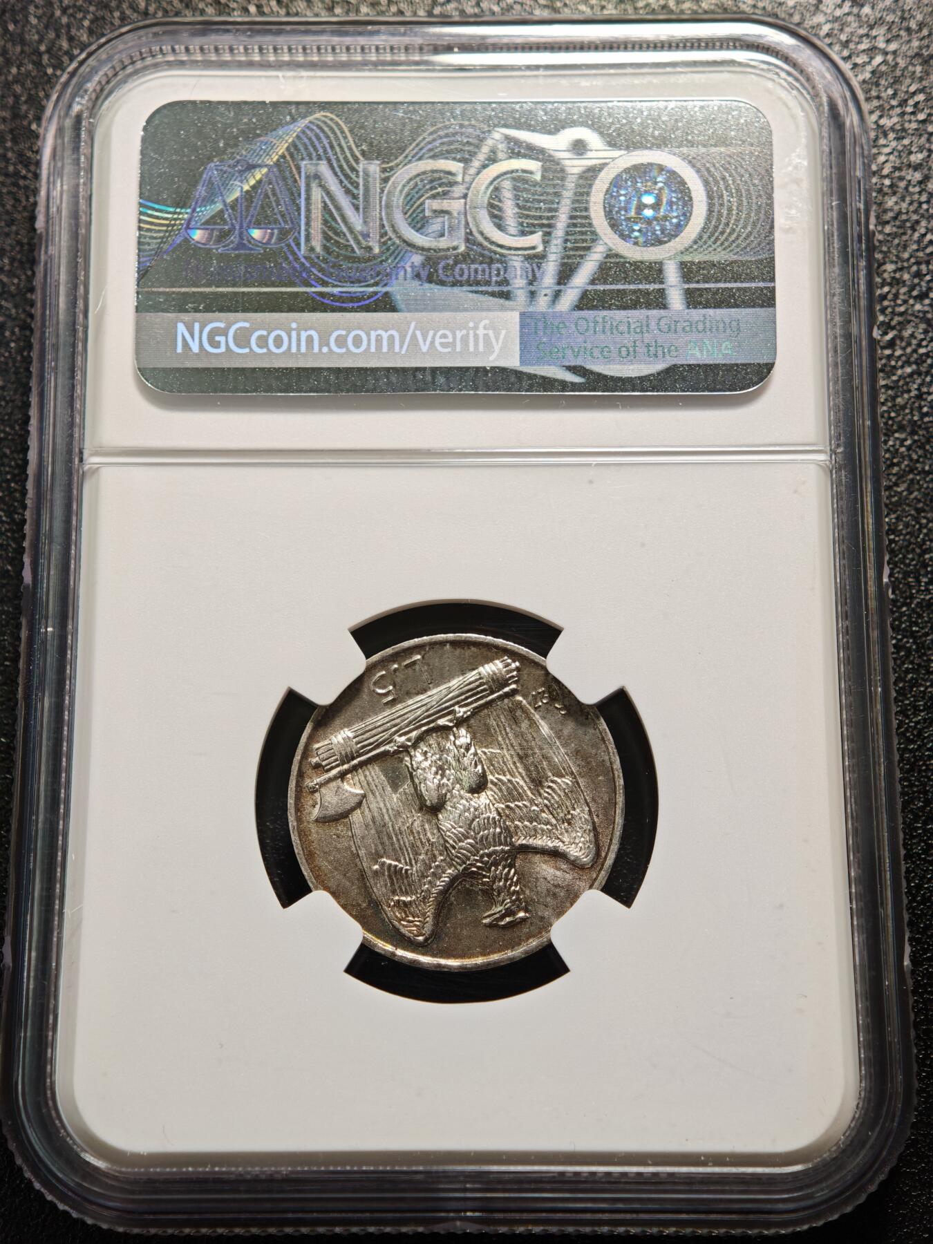 【德藏】世界币章拍卖第155期（拍品征集中~欢迎藏友联系） 1927年 意大利5里拉银币 NGC UNC 状态安逸