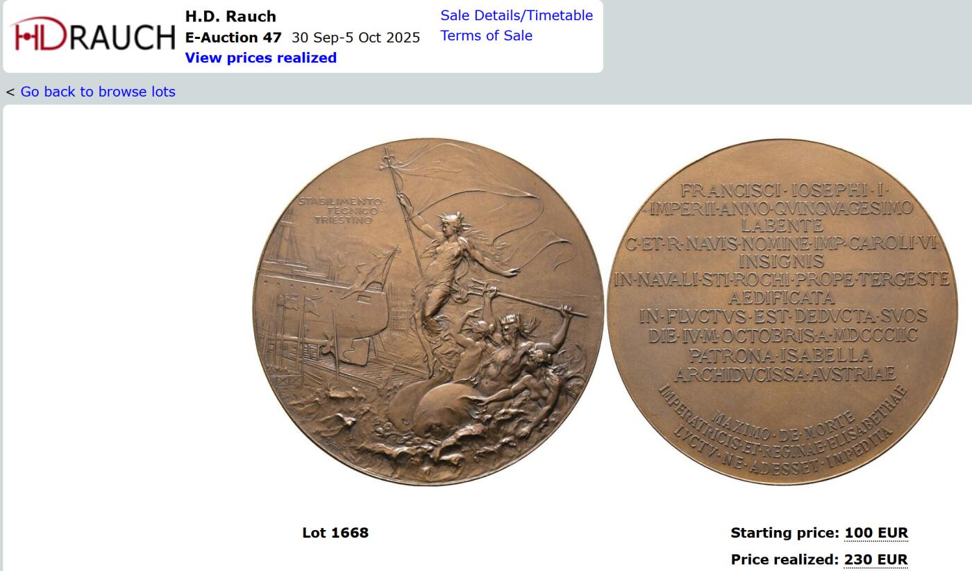 「木头集藏」章牌精品专场！ A.Scharff～1898年奥匈帝国’查理六世皇帝‘号巡洋舰在的里雅斯特港下水纪念大铜章，MS 63 BN，直径：58 mm，雕刻大师 安东·沙夫 作品，较少见，品相很不错！近期外拍价格不含税约2500。