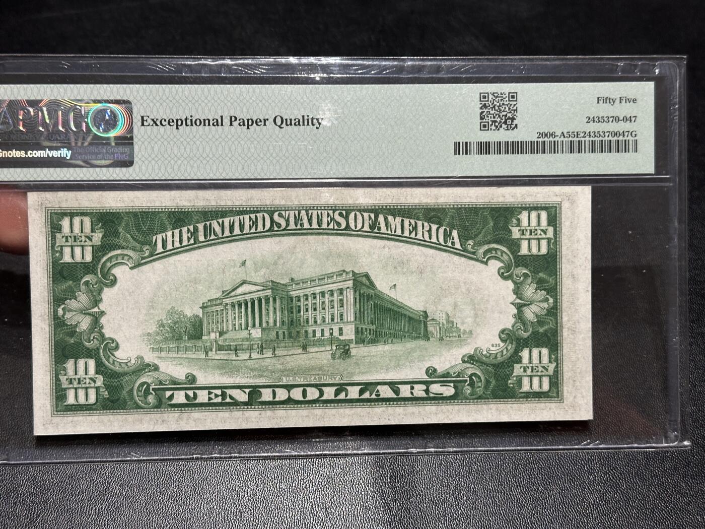《外钞收藏家》第五百八十八期（优质场）（本平台长期征集拍品、欢迎藏友们联系合作） 1934年美国10美元 波斯顿版 PMG55E AA冠