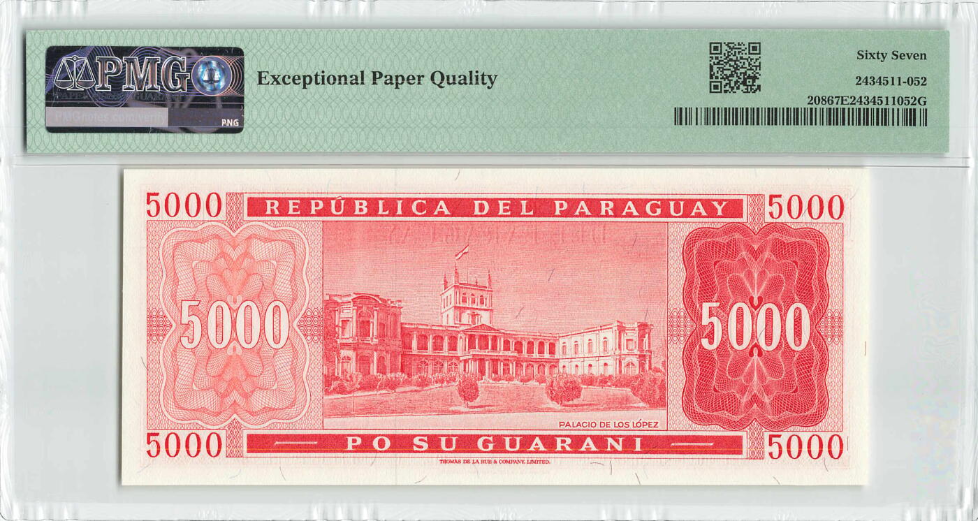 小福收藏拍卖第196期 评级币精选场 本期有68分倒置号布隆迪世界最大纸币 泰国69年10铢纪念钞0A冠百位倒置号  文莱06年500吉令特首年首冠 丹麦经典大松鼠 俄罗斯 玻利维亚 东加勒比 亚美尼亚等多国精美高分珍稀老钞精品纸币 巴拉圭 1982年 5000瓜拉尼 少见 A冠 无47 PMG67 EPQ 亚军分 (冠军分仅1枚）