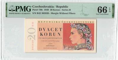 小福收藏拍卖第196期 评级币精选场 本期有68分倒置号布隆迪世界最大纸币 泰国69年10铢纪念钞0A冠百位倒置号  文莱06年500吉令特首年首冠 丹麦经典大松鼠 俄罗斯 玻利维亚 东加勒比 亚美尼亚等多国精美高分珍稀老钞精品纸币 - 捷克斯洛伐克 1949年 20克朗 花环少女 少见实票 无47 PMG66 EPQ 季军分