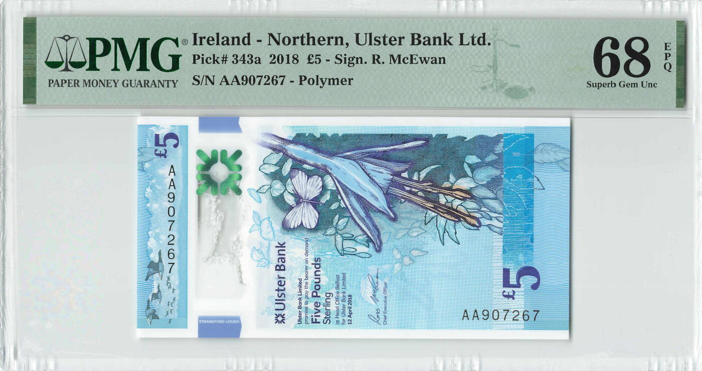 小福收藏拍卖第196期 评级币精选场 本期有68分倒置号布隆迪世界最大纸币 泰国69年10铢纪念钞0A冠百位倒置号  文莱06年500吉令特首年首冠 丹麦经典大松鼠 俄罗斯 玻利维亚 东加勒比 亚美尼亚等多国精美高分珍稀老钞精品纸币 北爱尔兰 2018年 5镑 塑料钞 AA冠 PMG68 EPQ