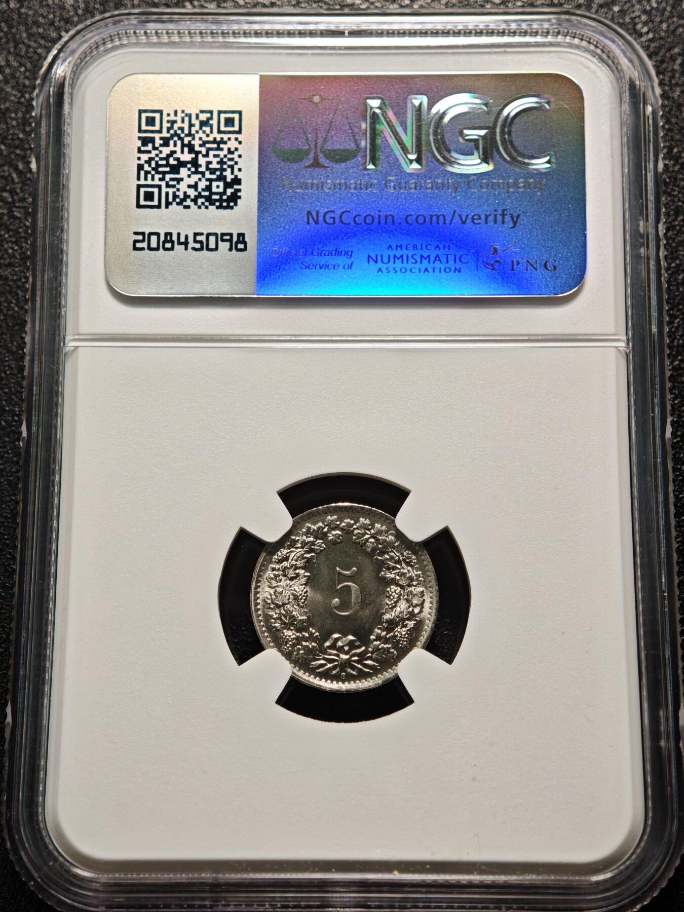 【德藏】世界币章拍卖第155期（拍品征集中~欢迎藏友联系） 1964年 瑞士5生丁海尔维蒂女神镍币 NGC MS67 原光十足