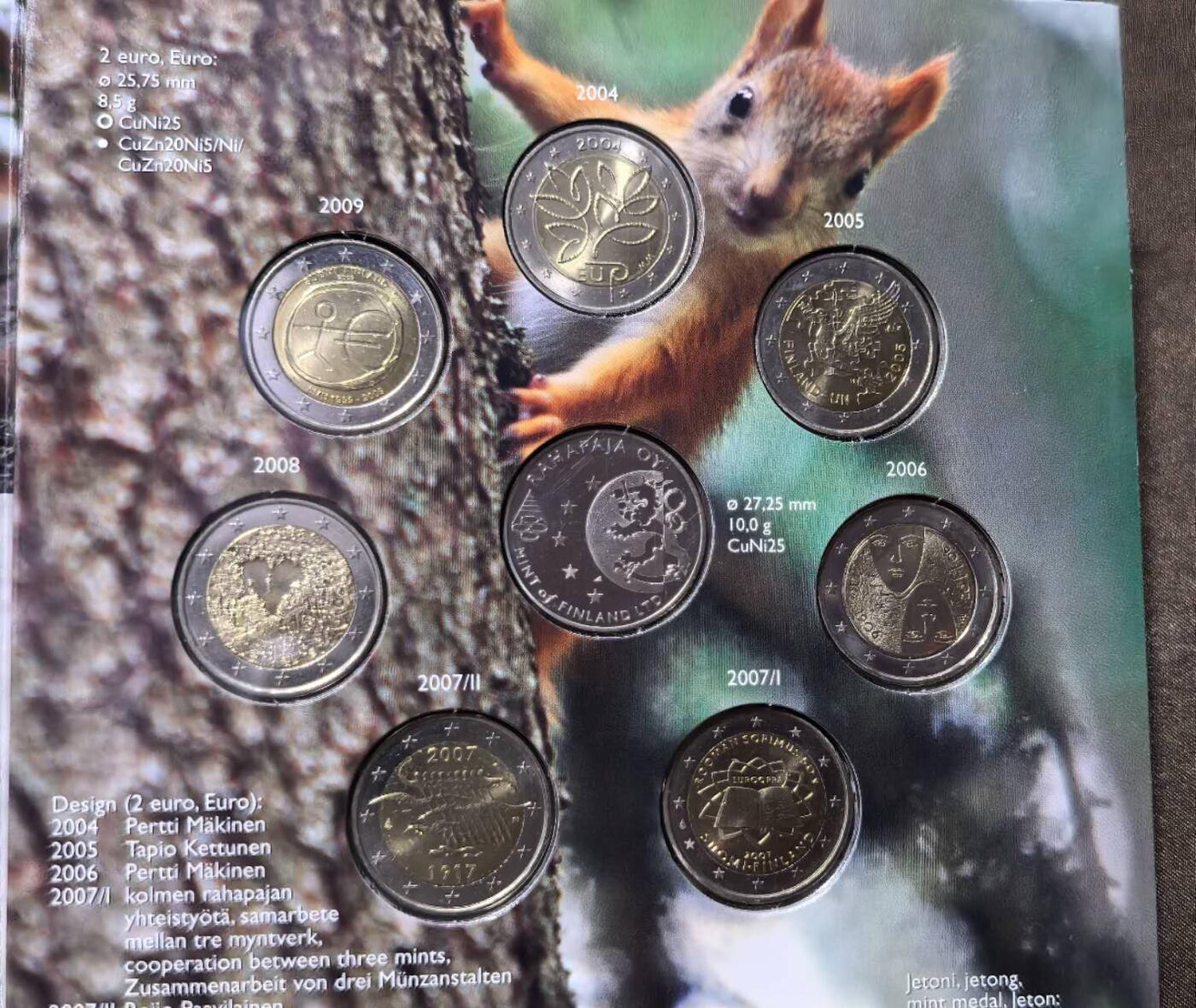 北京马甸外国币专卖第147期，外国币专场，陆续上拍，欢迎关注 价格稳步上升的芬兰2004-2009年2欧元纪念币7枚套 含欧盟东扩 造币厂卡装，