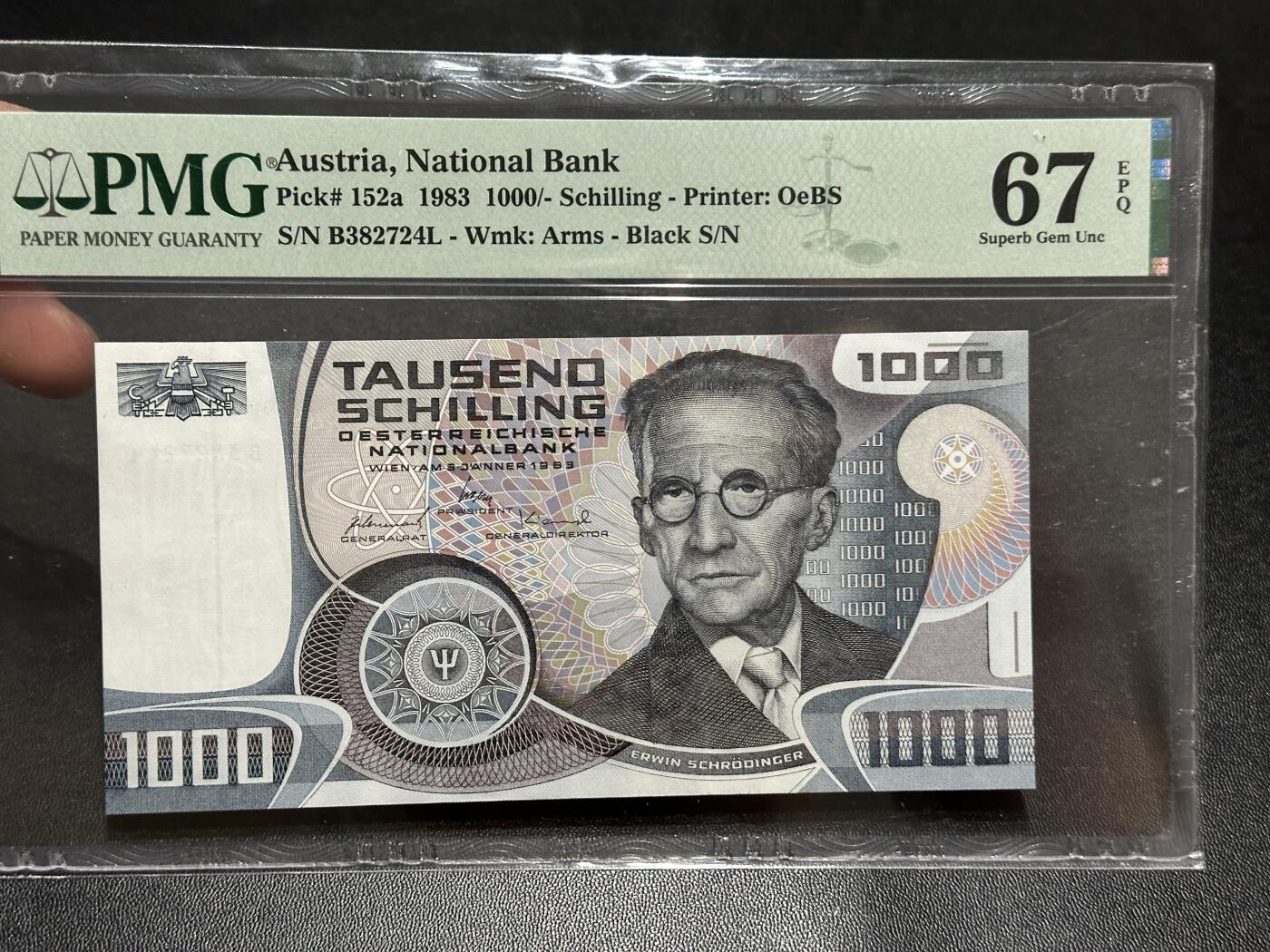 《外钞收藏家》第五百八十八期（优质场）（本平台长期征集拍品、欢迎藏友们联系合作） 奥地利1983年1000先令PMG67（经典物理学家薛定谔）