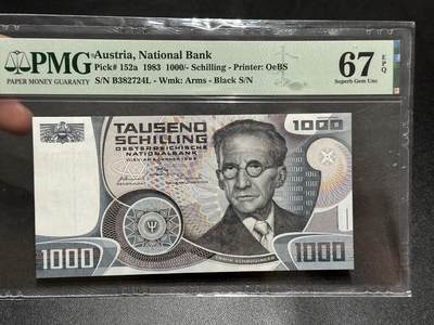 《外钞收藏家》第五百八十八期（优质场）（本平台长期征集拍品、欢迎藏友们联系合作） - 奥地利1983年1000先令PMG67（经典物理学家薛定谔）