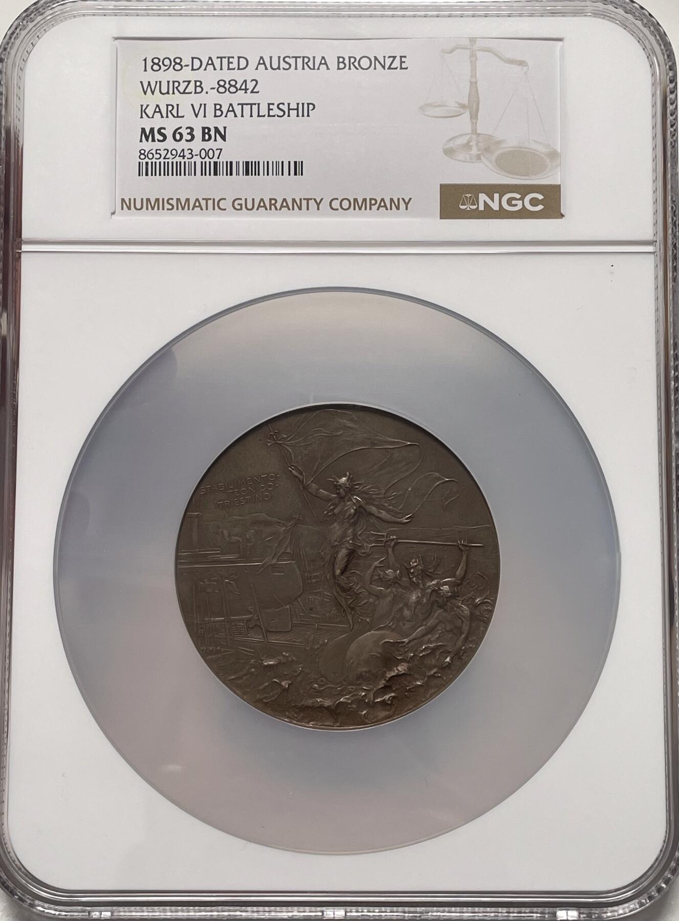 「木头集藏」章牌精品专场！ A.Scharff～1898年奥匈帝国’查理六世皇帝‘号巡洋舰在的里雅斯特港下水纪念大铜章，MS 63 BN，直径：58 mm，雕刻大师 安东·沙夫 作品，较少见，品相很不错！近期外拍价格不含税约2500。