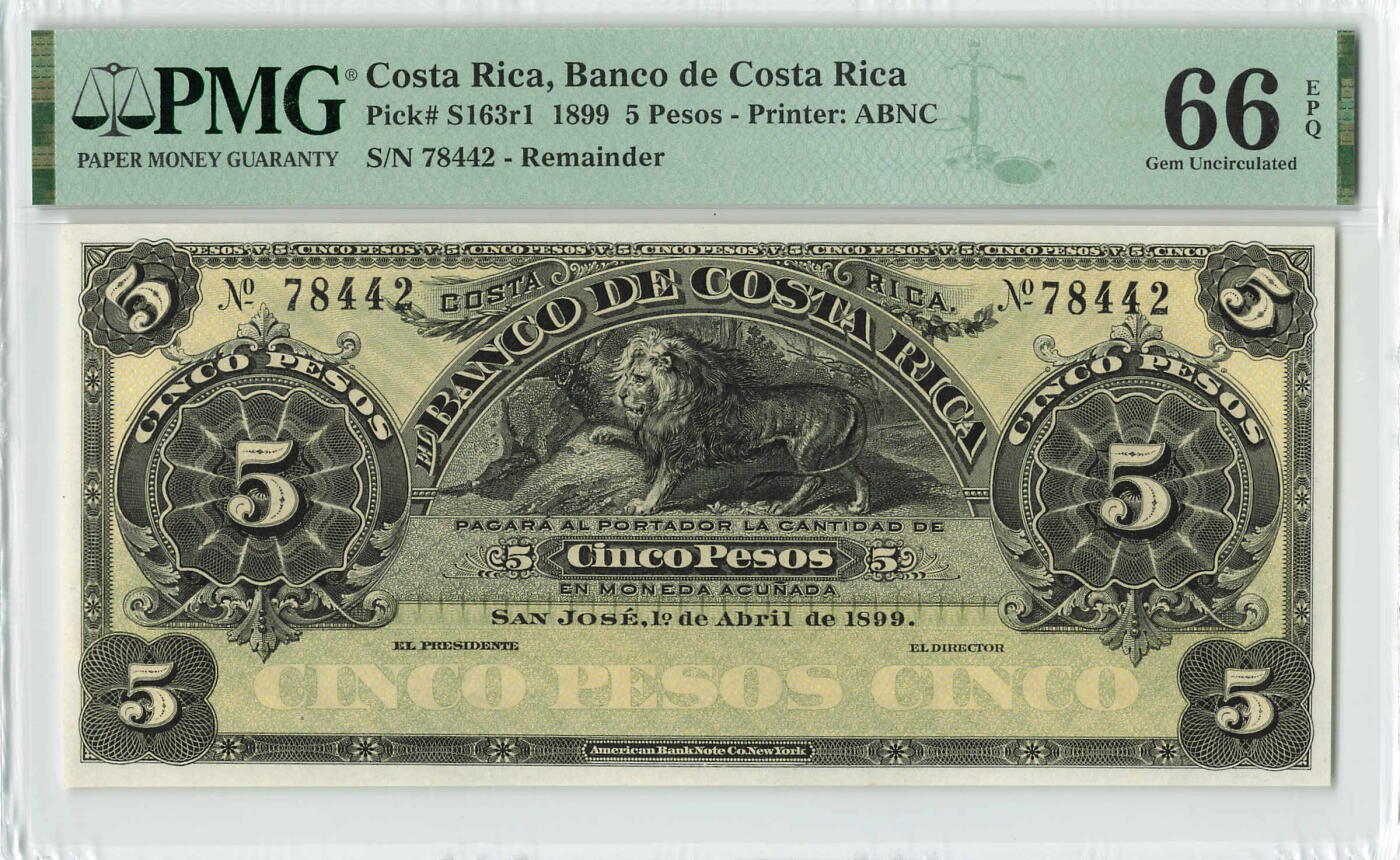 小福收藏拍卖第196期 评级币精选场 本期有68分倒置号布隆迪世界最大纸币 泰国69年10铢纪念钞0A冠百位倒置号  文莱06年500吉令特首年首冠 丹麦经典大松鼠 俄罗斯 玻利维亚 东加勒比 亚美尼亚等多国精美高分珍稀老钞精品纸币 哥斯达黎加 1899年 5比索 库存票 狮子 PMG66 EPQ 亚军分