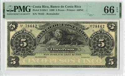 小福收藏拍卖第196期 评级币精选场 本期有68分倒置号布隆迪世界最大纸币 泰国69年10铢纪念钞0A冠百位倒置号  文莱06年500吉令特首年首冠 丹麦经典大松鼠 俄罗斯 玻利维亚 东加勒比 亚美尼亚等多国精美高分珍稀老钞精品纸币 - 哥斯达黎加 1899年 5比索 库存票 狮子 PMG66 EPQ 亚军分