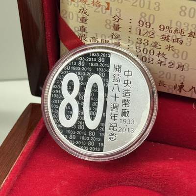 2013年中国台湾造币厂开铸80周年纪念银章 发行量500枚 盒证齐全 - 2013年中国台湾造币厂开铸80周年纪念银章 发行量500枚 盒证齐全