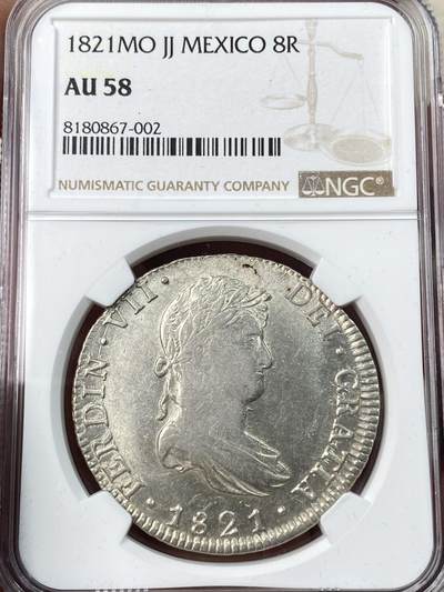 万国钱币拍卖第056期 - NGC AU58 1821年西属墨西哥MO JJ斐迪南七世双柱8R大银 经典内战双柱 双柱面打制深峻 银霜转光极美