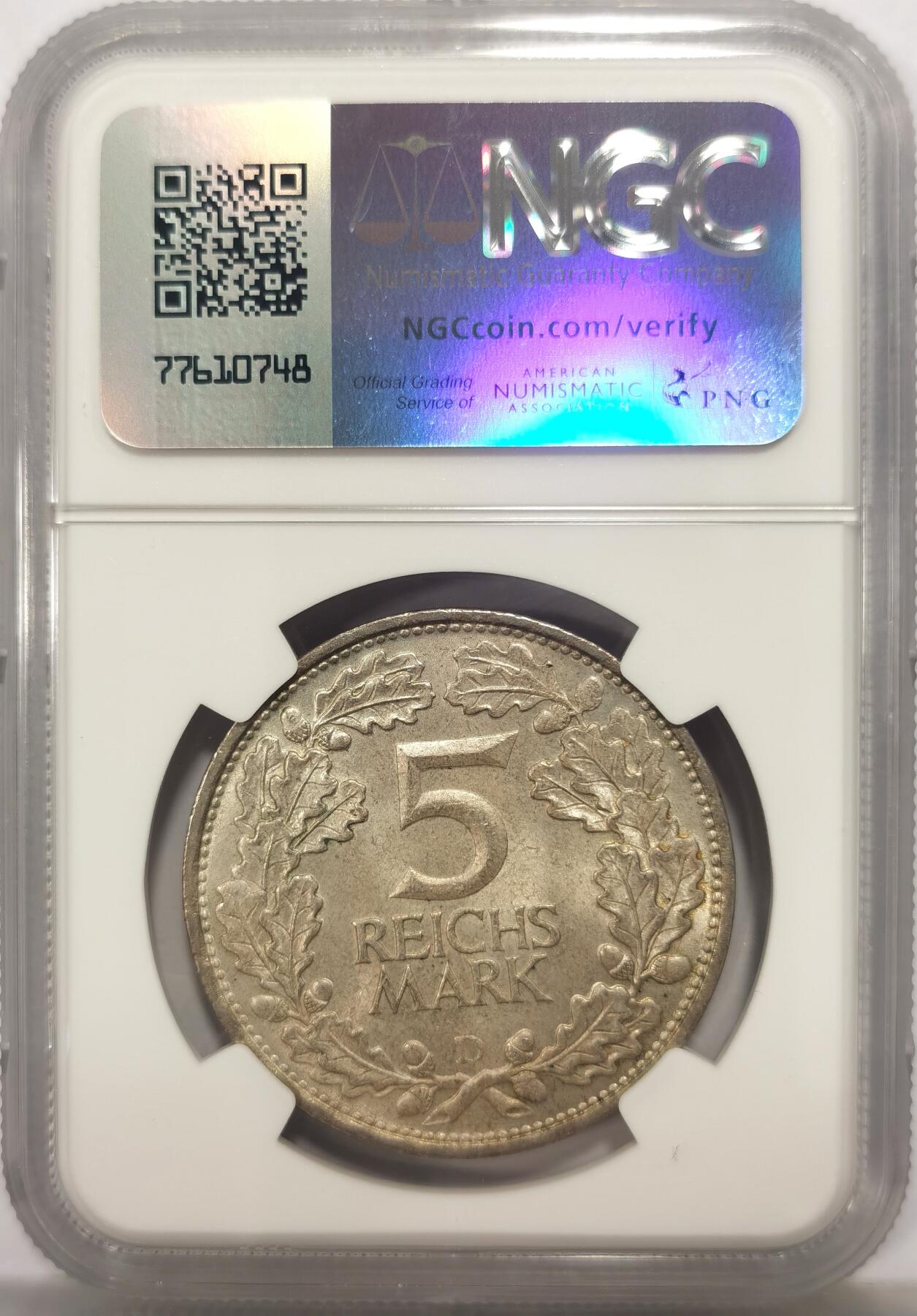 博洋堂世界钱币拍卖第149期（全场包邮） NGC MS64 德国魏玛1925年千年莱茵5马克银币，状态非常好！