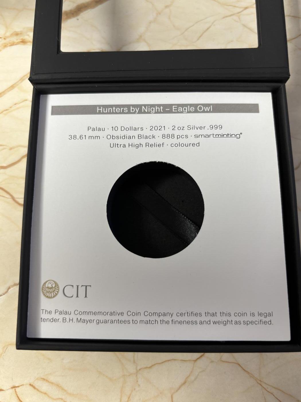 第183期拍卖 帕劳2021年暗夜猎人系列2猫头鹰2盎司银币NGC-PF70原盒证书，999银，发行888枚