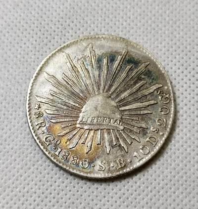 甄臻铺-世界币章拍卖（第40期）送拍享返佣金等优惠多多 - 1880年GO墨西哥花边鹰洋，“SB”标趣味十足，无戳好品，彩色包浆很漂亮，细节见图