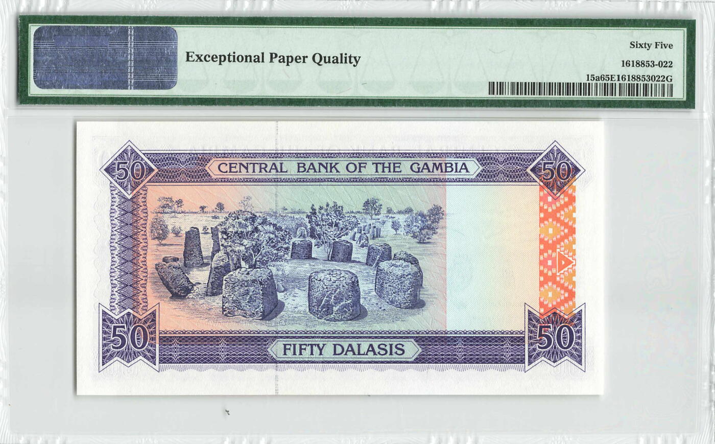 小福收藏拍卖第196期 评级币精选场 本期有68分倒置号布隆迪世界最大纸币 泰国69年10铢纪念钞0A冠百位倒置号  文莱06年500吉令特首年首冠 丹麦经典大松鼠 俄罗斯 玻利维亚 东加勒比 亚美尼亚等多国精美高分珍稀老钞精品纸币 冈比亚 1989-95年 50达拉西 无47 PMG65 EPQ