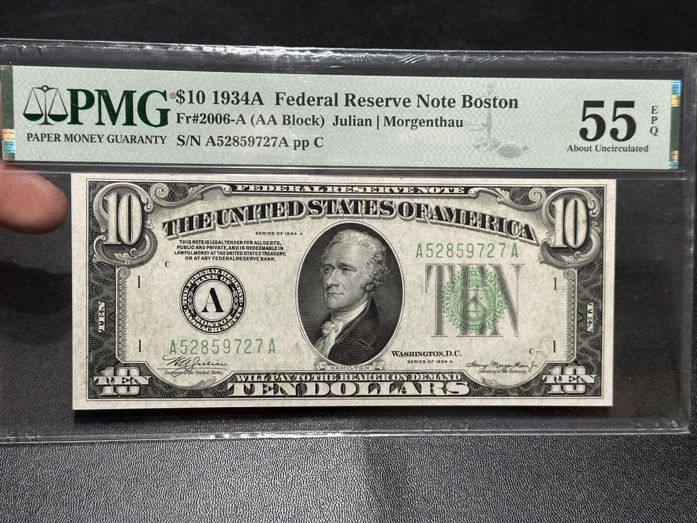 《外钞收藏家》第五百八十八期（优质场）（本平台长期征集拍品、欢迎藏友们联系合作） 1934年美国10美元 波斯顿版 PMG55E AA冠