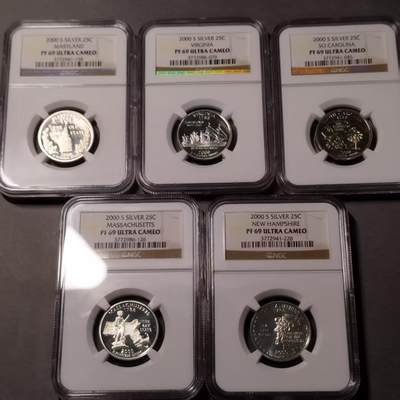 长老汇蛇年精选第七十九场拍卖 - 2000美国州币系列25分5枚精制银币，NGC PF69UC ，马里兰州，马萨诸塞州，南卡罗来纳州，新罕布尔州，弗吉尼亚州