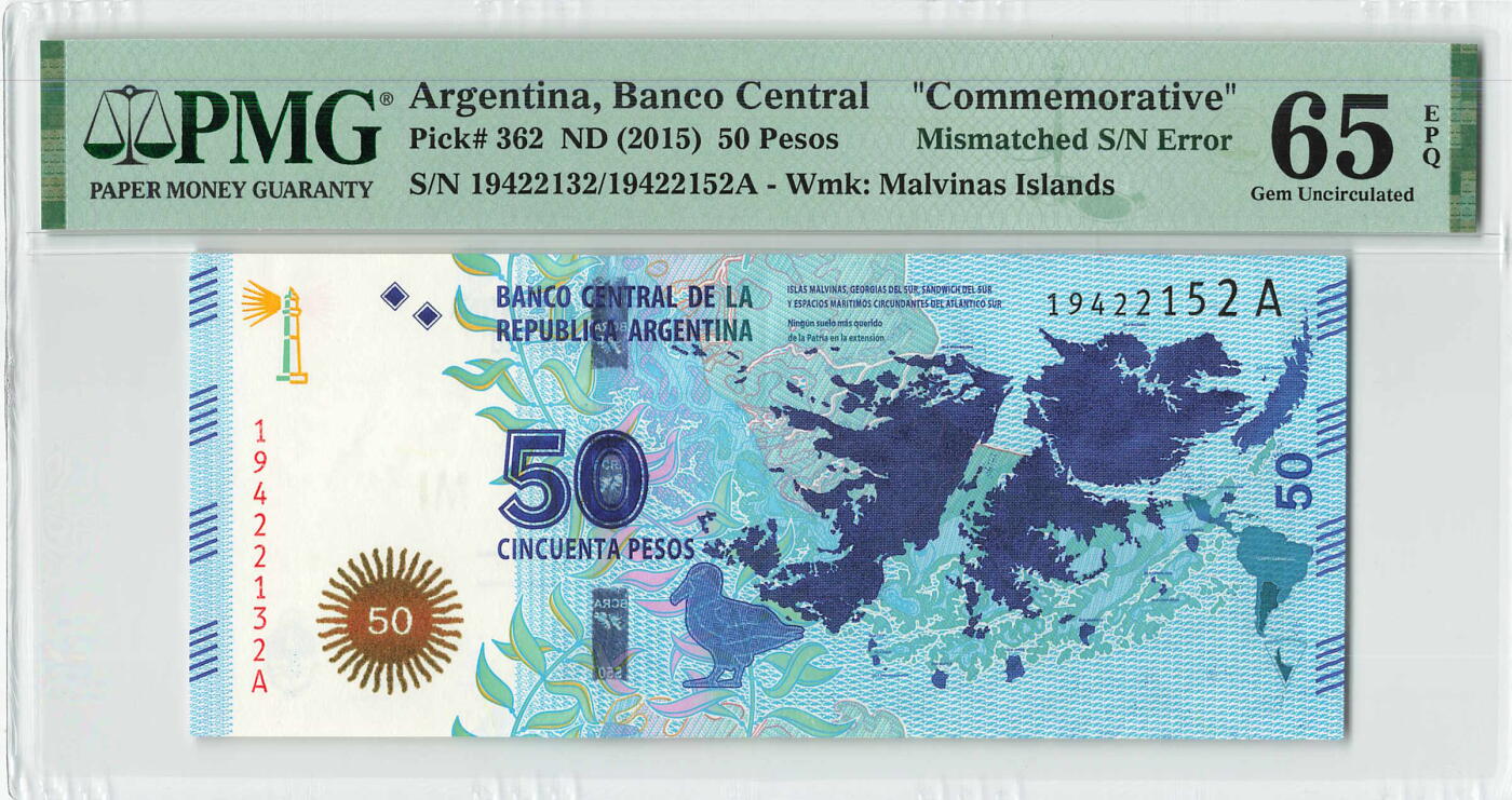 小福收藏拍卖第196期 评级币精选场 本期有68分倒置号布隆迪世界最大纸币 泰国69年10铢纪念钞0A冠百位倒置号  文莱06年500吉令特首年首冠 丹麦经典大松鼠 俄罗斯 玻利维亚 东加勒比 亚美尼亚等多国精美高分珍稀老钞精品纸币 阿根廷 2015年 50比索 纪念钞 号码错误 有PMG标注认证 A冠 PMG65 EPQ 季军分