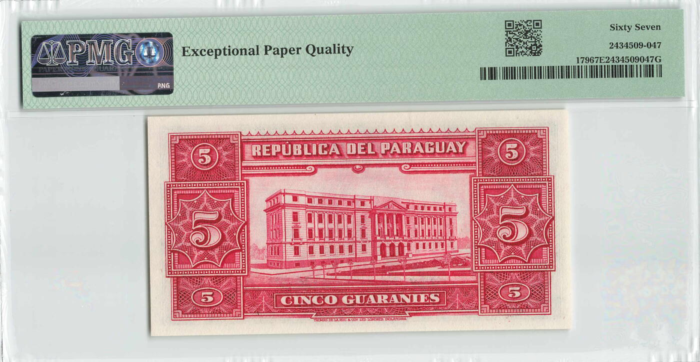 小福收藏拍卖第196期 评级币精选场 本期有68分倒置号布隆迪世界最大纸币 泰国69年10铢纪念钞0A冠百位倒置号  文莱06年500吉令特首年首冠 丹麦经典大松鼠 俄罗斯 玻利维亚 东加勒比 亚美尼亚等多国精美高分珍稀老钞精品纸币 巴拉圭 1943年 5瓜拉尼 少见 A冠 尾8 PMG67 EPQ 唯1冠军分 ！！！