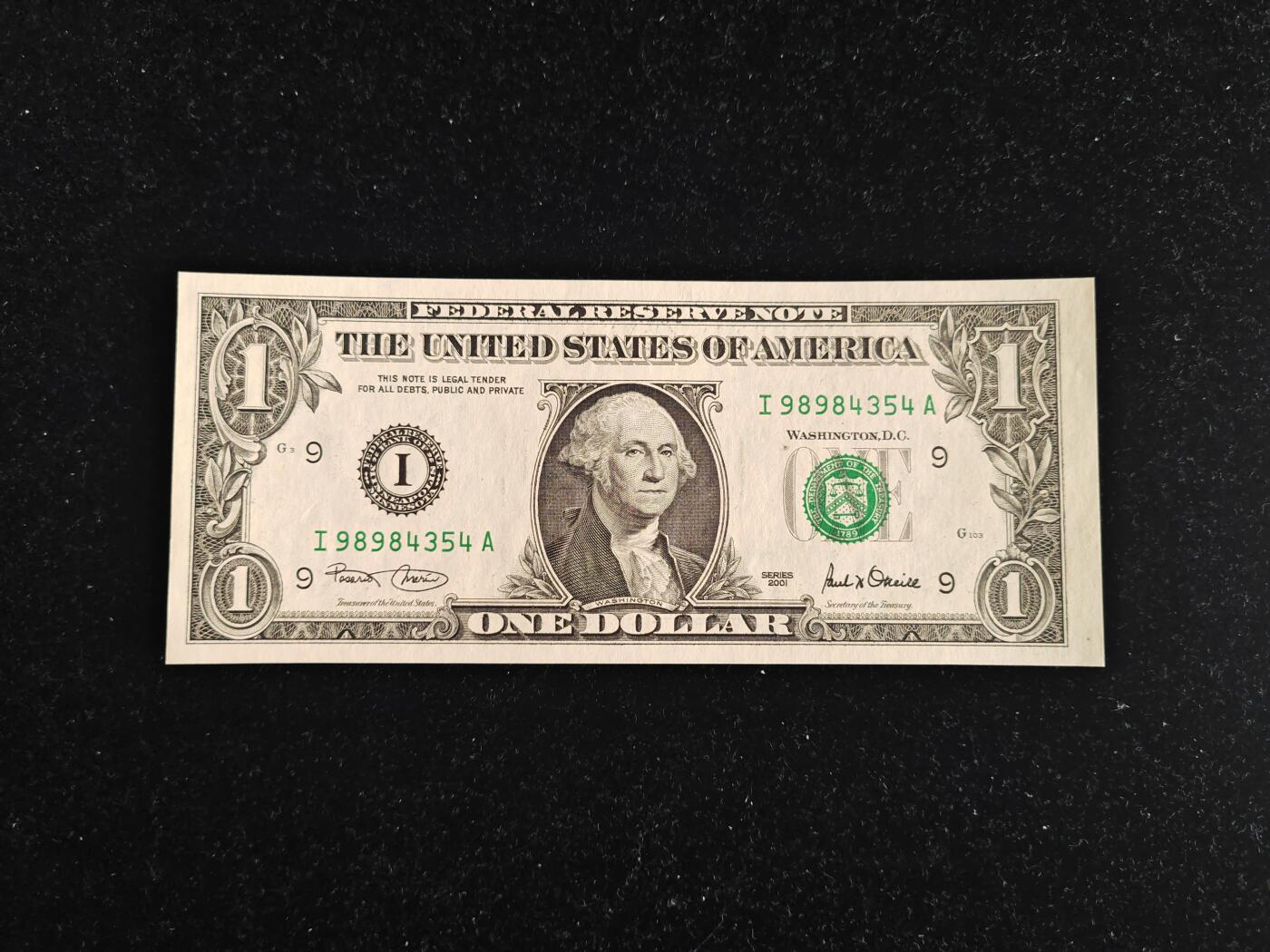 美国纸币 2001年 稀少I区 1美元 首发A冠  全新UNC 