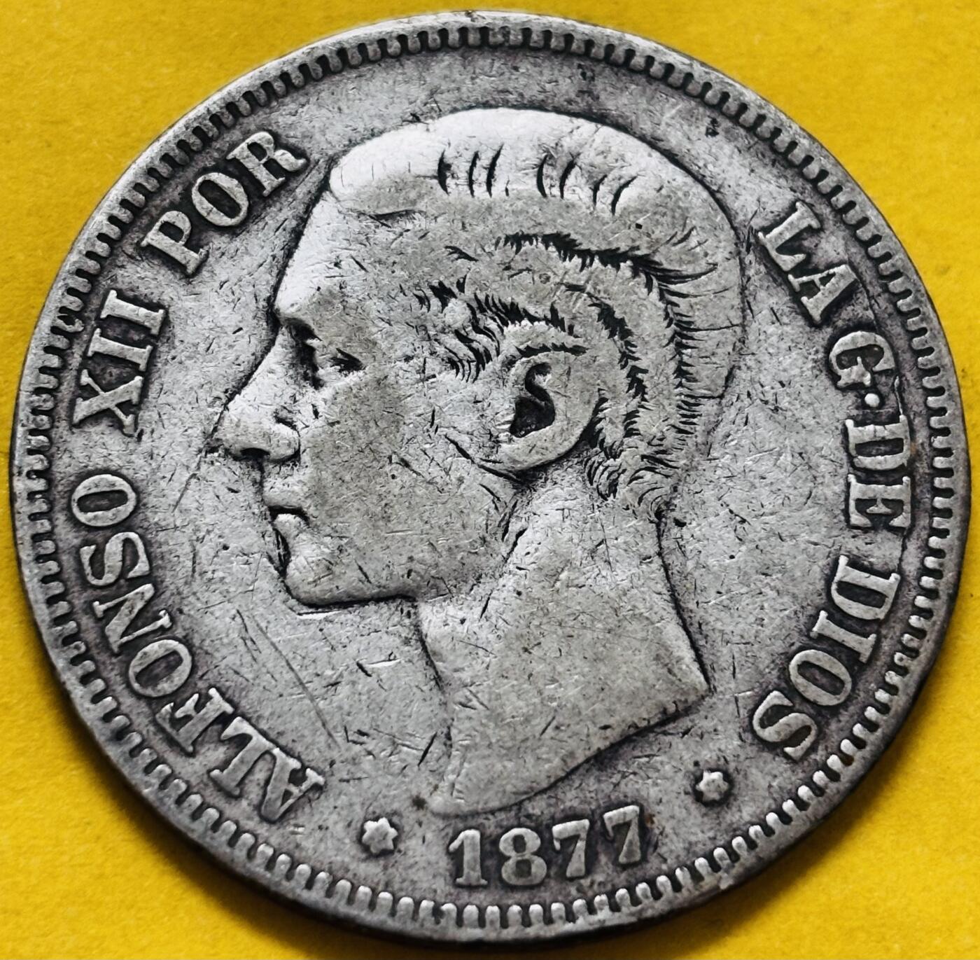 文馨钱币收藏第 283 场，【大雪鉴珍，寒英缀金】金银纪念币精品场，诚邀您的参与【长期接代拍品】 1877 年西班牙阿方索十二世 5比塞塔大银币 900 高银，第二版首发年