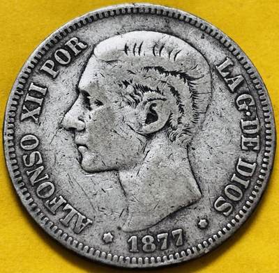 文馨钱币收藏第 283 场，【大雪鉴珍，寒英缀金】金银纪念币精品场，诚邀您的参与【长期接代拍品】 - 1877 年西班牙阿方索十二世 5比塞塔大银币 900 高银，第二版首发年