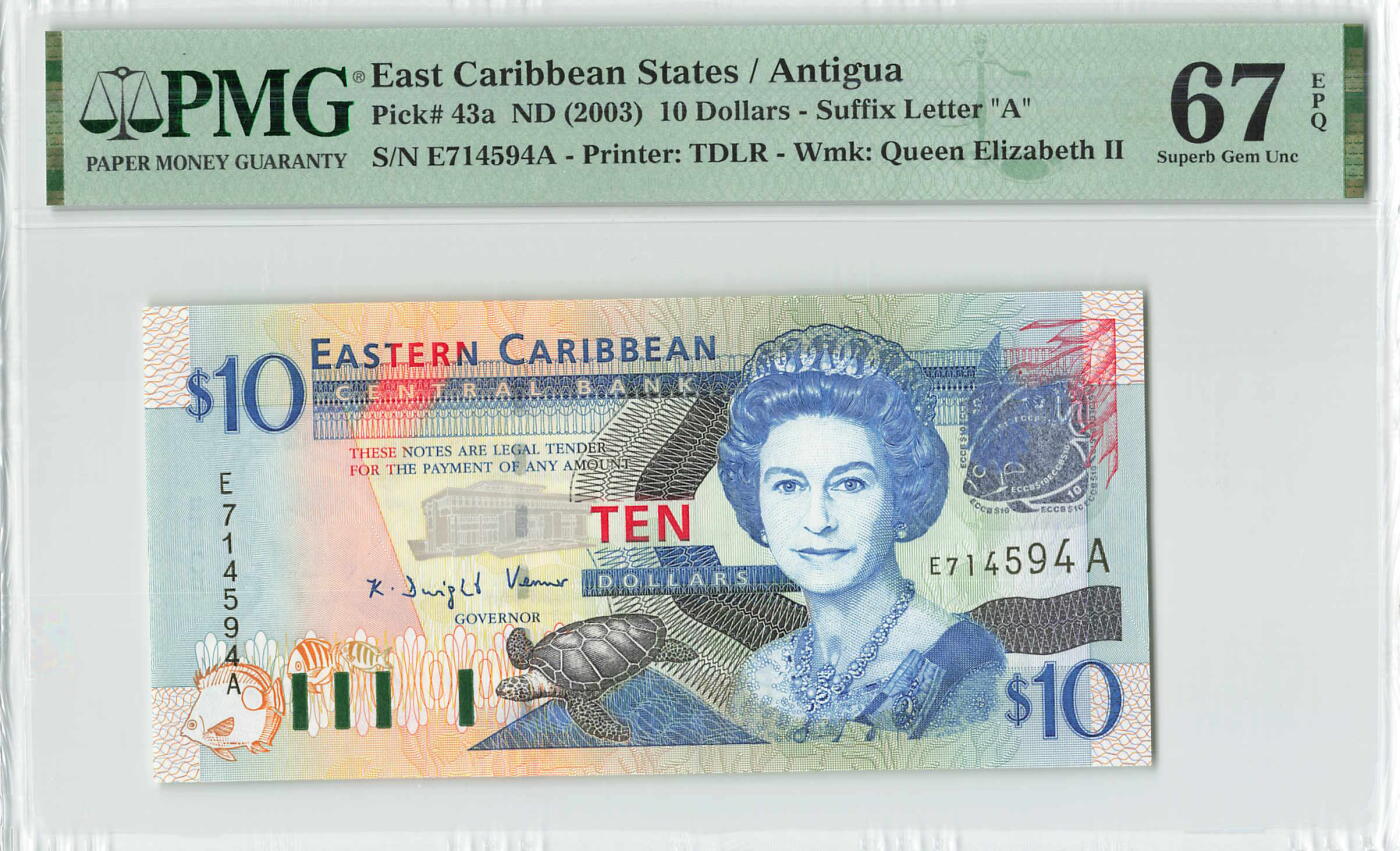 小福收藏拍卖第196期 评级币精选场 本期有68分倒置号布隆迪世界最大纸币 泰国69年10铢纪念钞0A冠百位倒置号  文莱06年500吉令特首年首冠 丹麦经典大松鼠 俄罗斯 玻利维亚 东加勒比 亚美尼亚等多国精美高分珍稀老钞精品纸币 东加勒比 （A） 安提瓜 2003年 10元 PMG67 EPQ 冠军分！！！