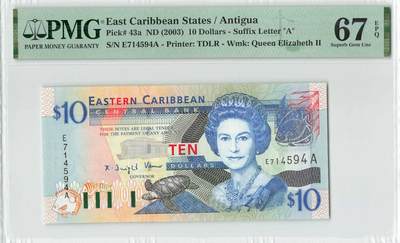 小福收藏拍卖第196期 评级币精选场 本期有68分倒置号布隆迪世界最大纸币 泰国69年10铢纪念钞0A冠百位倒置号  文莱06年500吉令特首年首冠 丹麦经典大松鼠 俄罗斯 玻利维亚 东加勒比 亚美尼亚等多国精美高分珍稀老钞精品纸币 - 东加勒比 （A） 安提瓜 2003年 10元 PMG67 EPQ 冠军分！！！