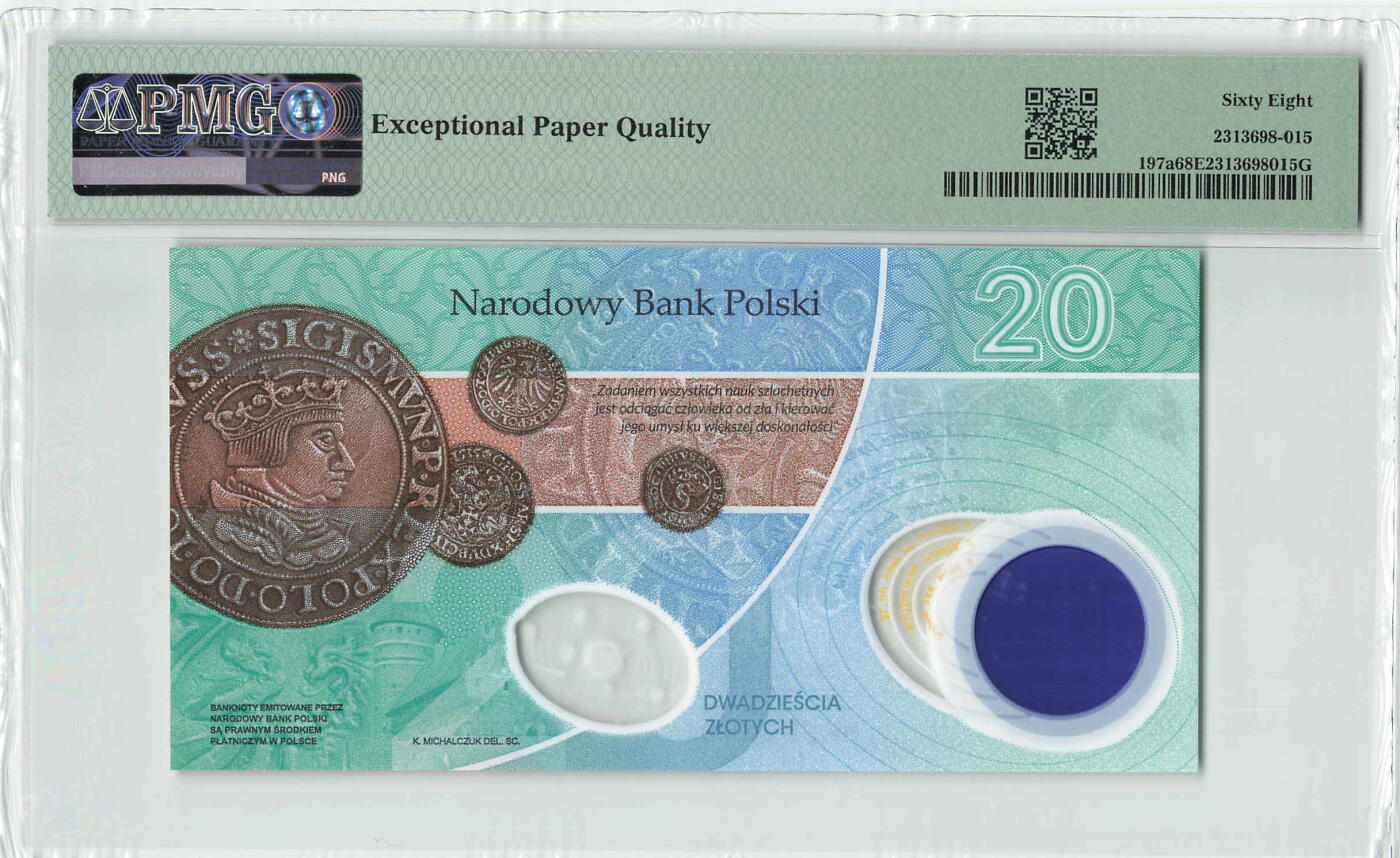 小福收藏拍卖第196期 评级币精选场 本期有68分倒置号布隆迪世界最大纸币 泰国69年10铢纪念钞0A冠百位倒置号  文莱06年500吉令特首年首冠 丹麦经典大松鼠 俄罗斯 玻利维亚 东加勒比 亚美尼亚等多国精美高分珍稀老钞精品纸币 波兰 2023年 20兹罗提 塑料纪念钞 无47 千位号 PMG68 EPQ 季军分