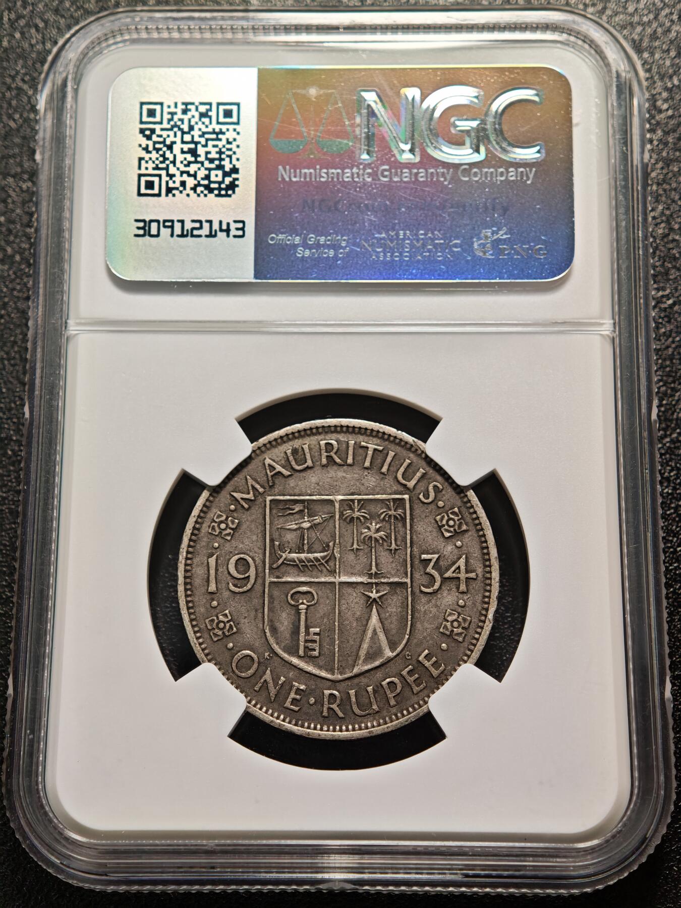 【德藏】世界币章拍卖第155期（拍品征集中~欢迎藏友联系） 1934年 毛里求斯1卢比银币 NGC XF45 原味包浆
