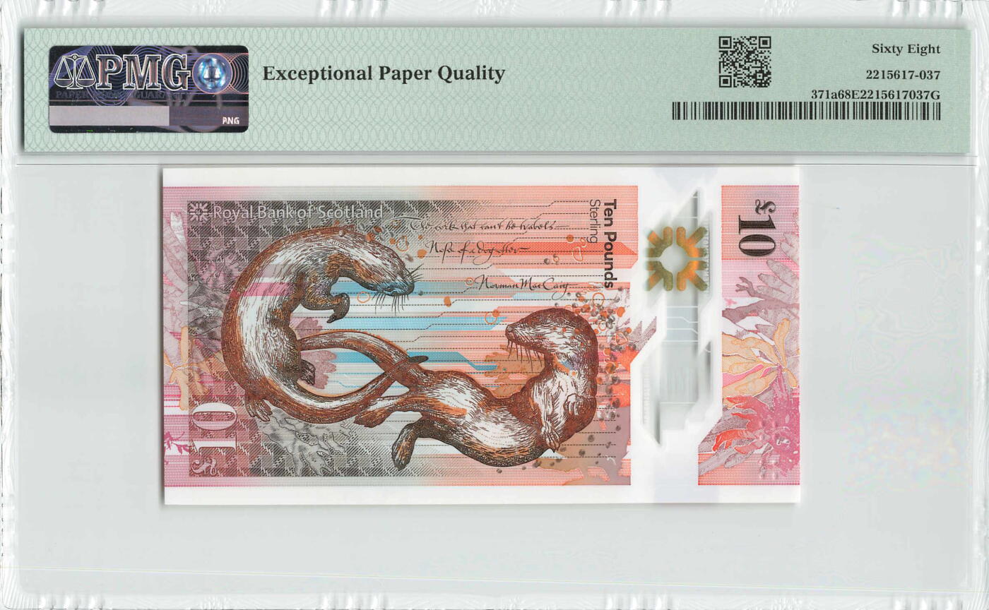 小福收藏拍卖第196期 评级币精选场 本期有68分倒置号布隆迪世界最大纸币 泰国69年10铢纪念钞0A冠百位倒置号  文莱06年500吉令特首年首冠 丹麦经典大松鼠 俄罗斯 玻利维亚 东加勒比 亚美尼亚等多国精美高分珍稀老钞精品纸币 苏格兰皇家银行 2017年 10镑 塑料钞 AA冠 无47 数3 PMG68 EPQ 季军分