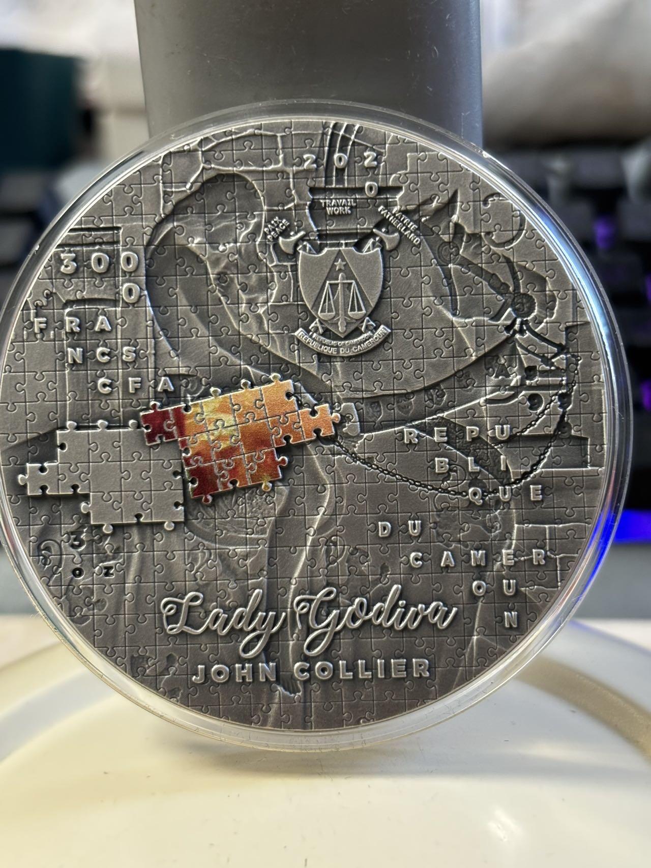 第183期拍卖 喀麦隆2020年背上的Godiva夫人拼图3盎司纪念银币，999银，可以当摆件，发行340枚
