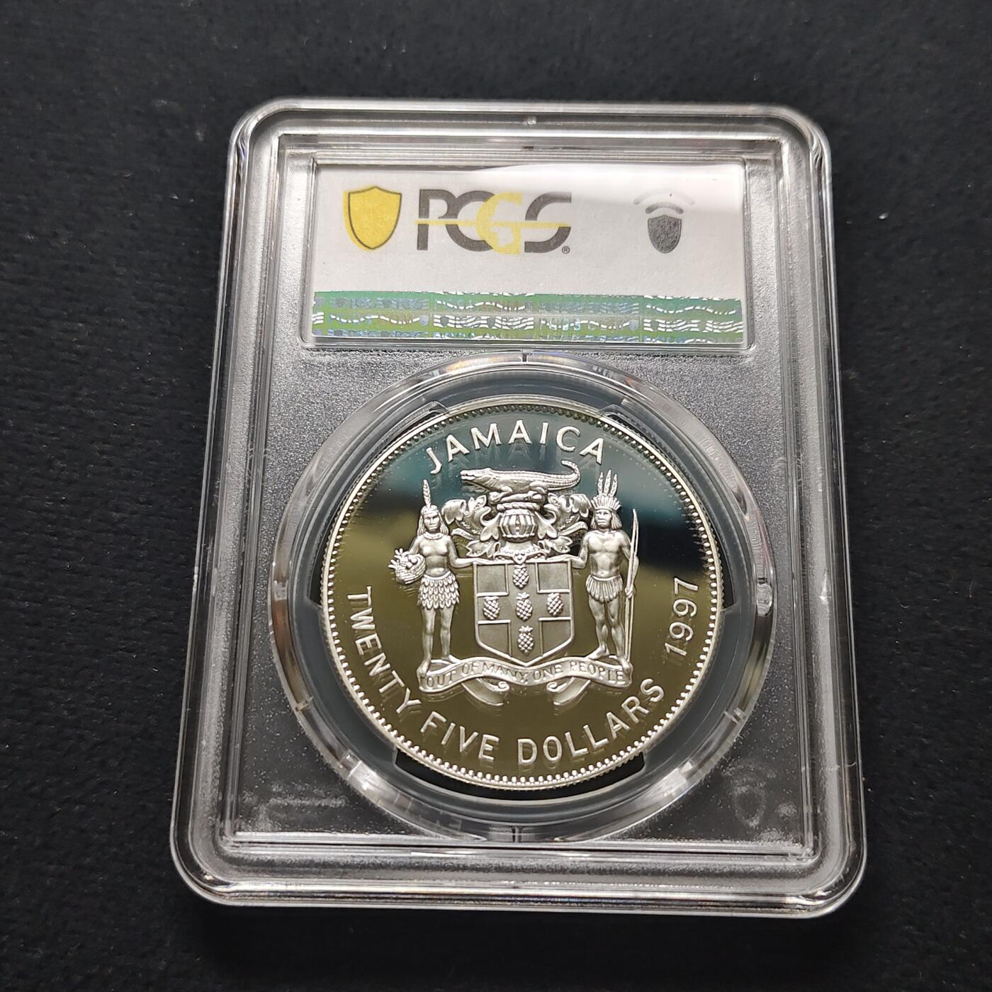 【全场包邮】纯粹捡漏拍481场（免费代拍第18场） 牙买加1997年25元女王金婚局部镀金精制克朗型纪念银币-PCGS PR69 DCAM