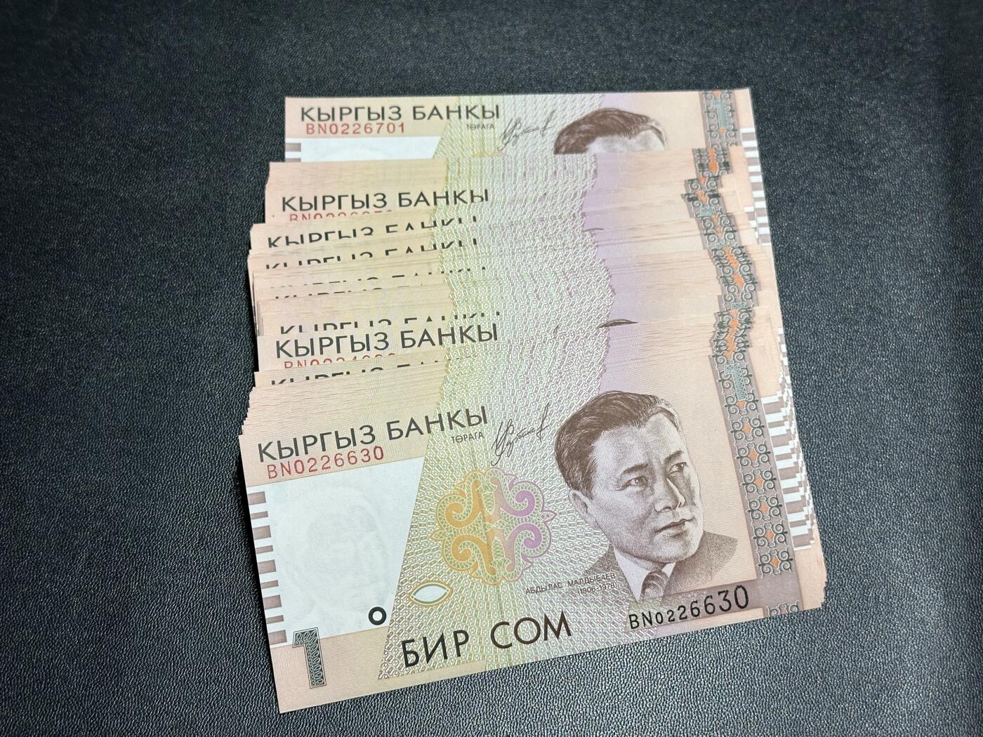 《外钞收藏家》第五百八十八期（优质场）（本平台长期征集拍品、欢迎藏友们联系合作） 吉尔吉斯斯坦1993年1索姆整刀（大连号，大部分全程无47）UNC