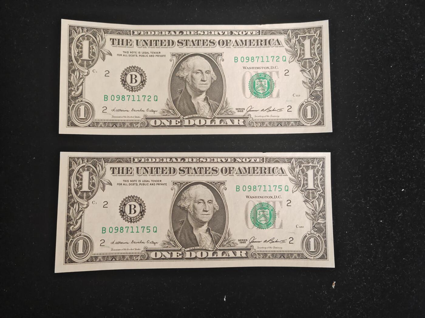 美国纸币 1985年 1美元 B区 直板未流通 上边缘微瑕 单价