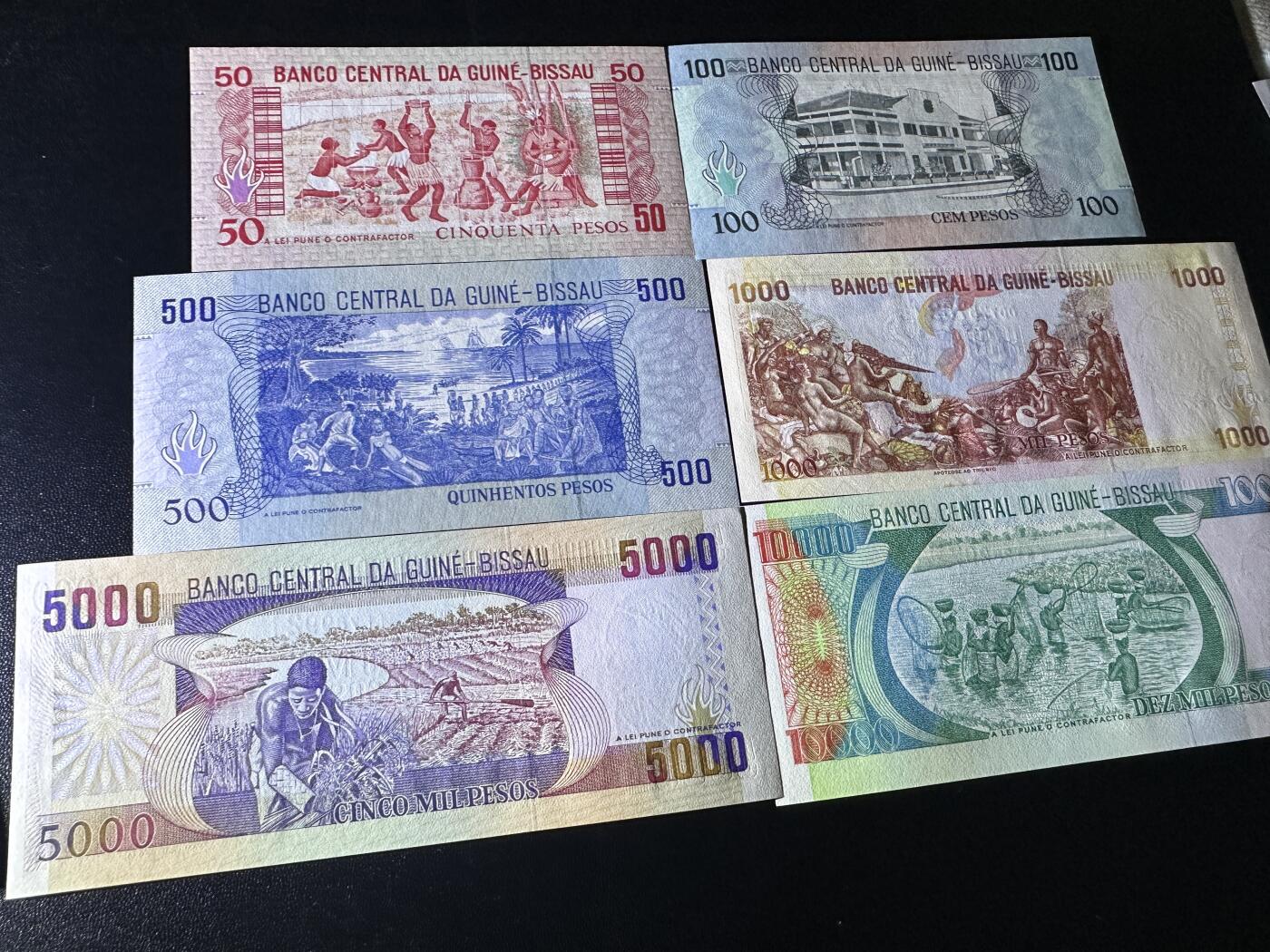 《外钞收藏家》第五百八十八期（优质场）（本平台长期征集拍品、欢迎藏友们联系合作） 几内亚比绍1990-1993年6张全套(50-10000比索，凑齐不易)	UNC