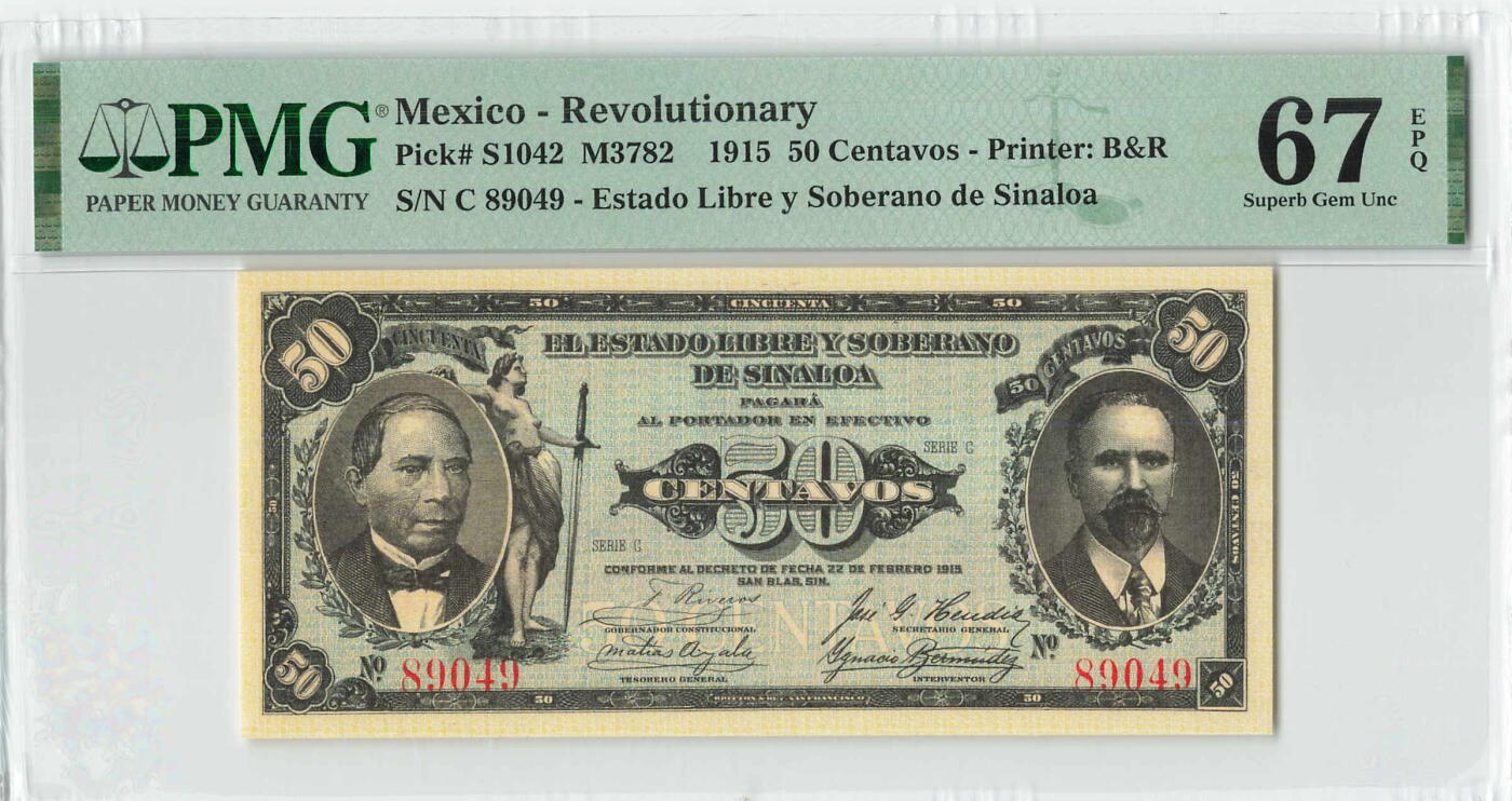 小福收藏拍卖第196期 评级币精选场 本期有68分倒置号布隆迪世界最大纸币 泰国69年10铢纪念钞0A冠百位倒置号  文莱06年500吉令特首年首冠 丹麦经典大松鼠 俄罗斯 玻利维亚 东加勒比 亚美尼亚等多国精美高分珍稀老钞精品纸币 墨西哥 1915年 50分 百年老钞 PMG67 EPQ 冠军分！！！