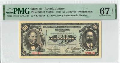 小福收藏拍卖第196期 评级币精选场 本期有68分倒置号布隆迪世界最大纸币 泰国69年10铢纪念钞0A冠百位倒置号  文莱06年500吉令特首年首冠 丹麦经典大松鼠 俄罗斯 玻利维亚 东加勒比 亚美尼亚等多国精美高分珍稀老钞精品纸币 - 墨西哥 1915年 50分 百年老钞 PMG67 EPQ 冠军分！！！