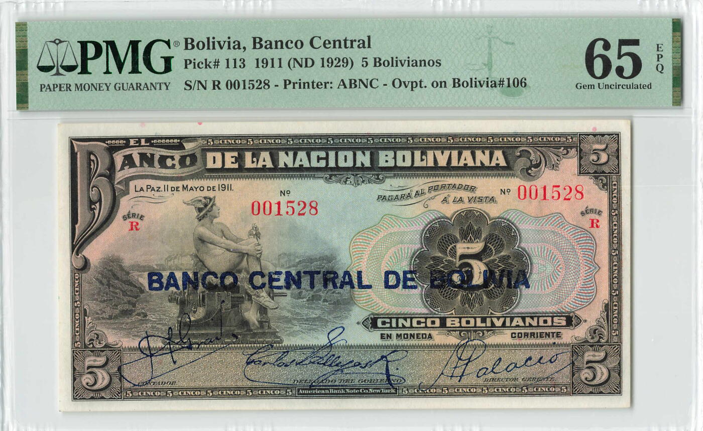 小福收藏拍卖第196期 评级币精选场 本期有68分倒置号布隆迪世界最大纸币 泰国69年10铢纪念钞0A冠百位倒置号  文莱06年500吉令特首年首冠 丹麦经典大松鼠 俄罗斯 玻利维亚 东加勒比 亚美尼亚等多国精美高分珍稀老钞精品纸币 玻利维亚 1929年 5玻利维亚诺 罕见 无47 千位号 尾8 PMG65 EPQ