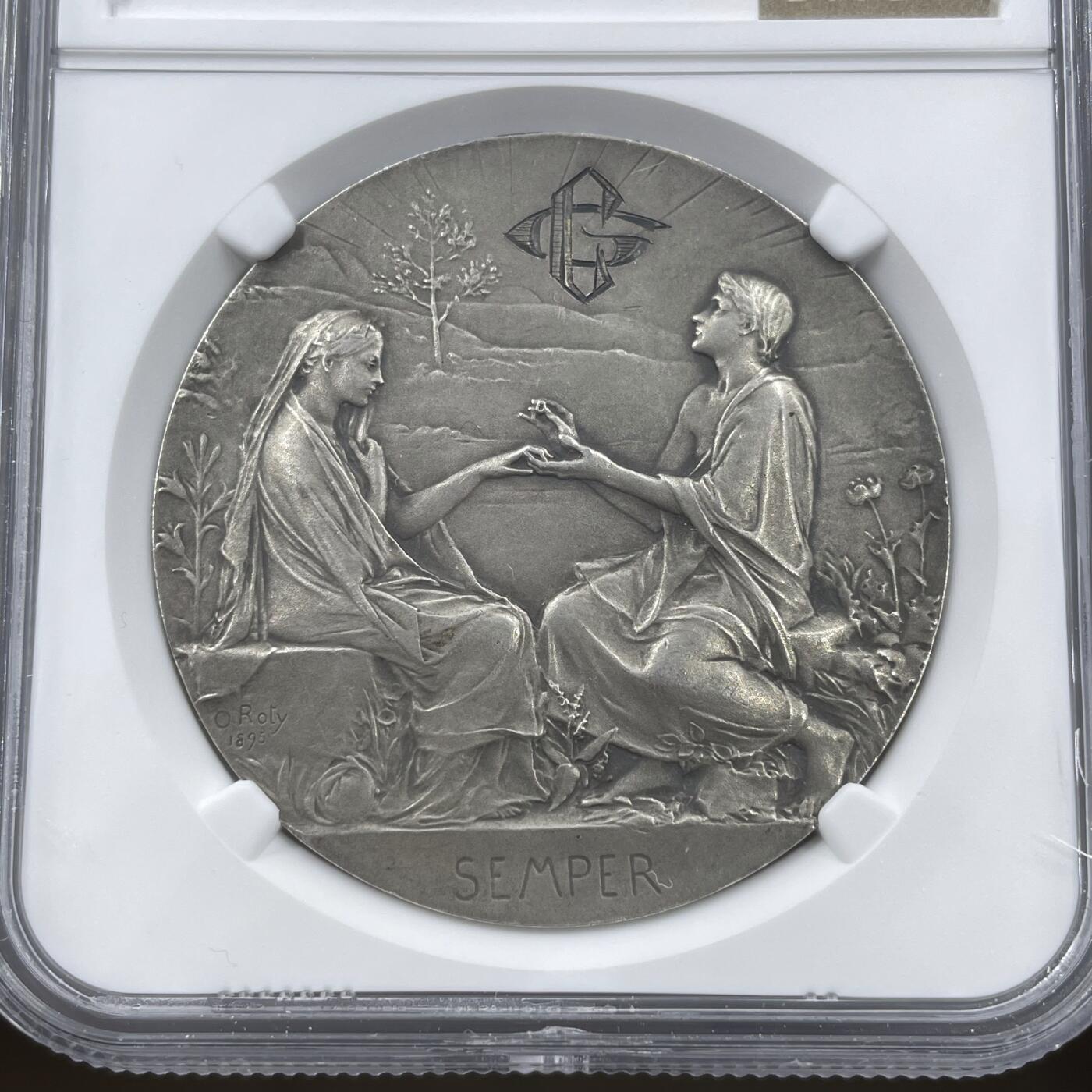 「木头集藏」章牌精品专场！ O.Roty～1898年法国“SEMPER”永恒的爱 婚礼纪念银章，MS 62，直径：41 mm，少见双面刻字，名家经典，品相不错。