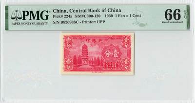 小福收藏拍卖第196期 评级币精选场 本期有68分倒置号布隆迪世界最大纸币 泰国69年10铢纪念钞0A冠百位倒置号  文莱06年500吉令特首年首冠 丹麦经典大松鼠 俄罗斯 玻利维亚 东加勒比 亚美尼亚等多国精美高分珍稀老钞精品纸币 - 中央银行 民国二十八年 1939年 1分 壹分无47 尾8 PMG66 EPQ 季军分