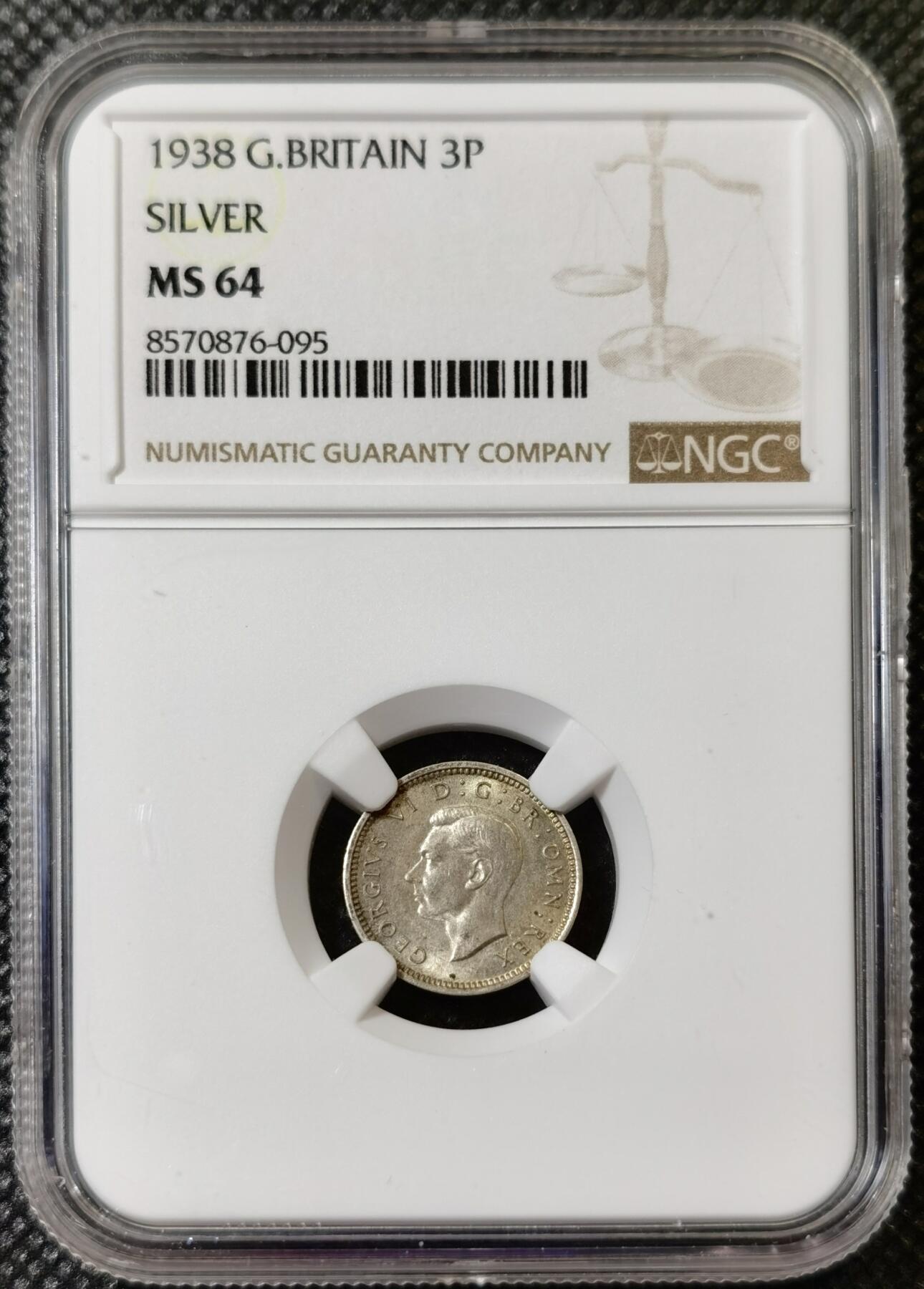 甄臻铺-世界币章拍卖（第40期）送拍享返佣金等优惠多多 NGC-MS64 英国1938三便士银币，银质版，卷拆好品