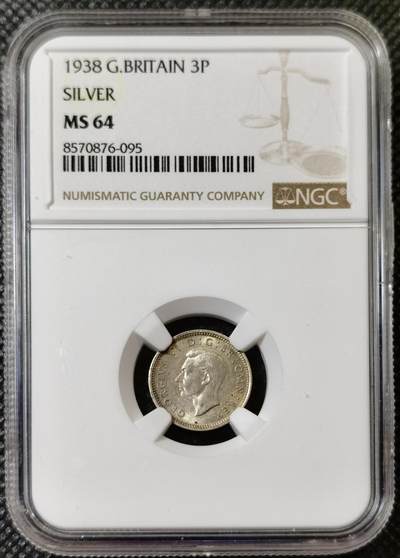 甄臻铺-世界币章拍卖（第40期）送拍享返佣金等优惠多多 - NGC-MS64 英国1938三便士银币，银质版，卷拆好品