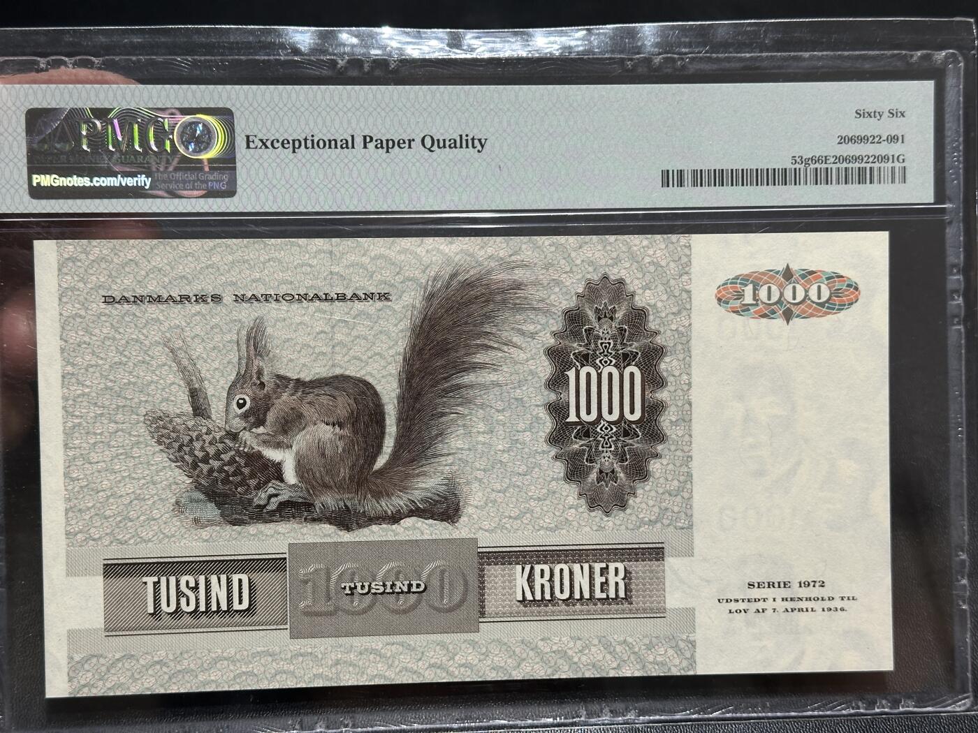 《外钞收藏家》第五百八十八期（优质场）（本平台长期征集拍品、欢迎藏友们联系合作） 丹麦1992年绘画版1000克朗PMG66（经典大松鼠）