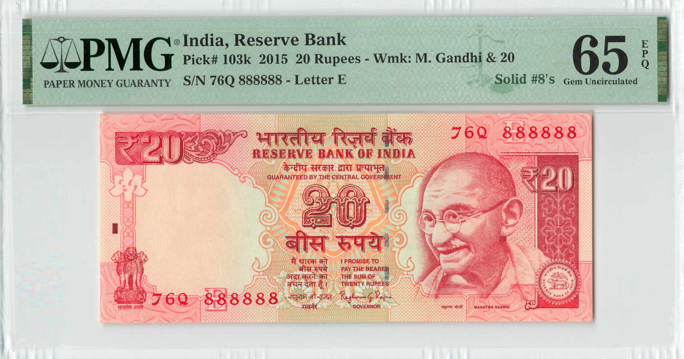 小福收藏拍卖第196期 评级币精选场 本期有68分倒置号布隆迪世界最大纸币 泰国69年10铢纪念钞0A冠百位倒置号  文莱06年500吉令特首年首冠 丹麦经典大松鼠 俄罗斯 玻利维亚 东加勒比 亚美尼亚等多国精美高分珍稀老钞精品纸币 印度 2015年 20卢比 全同大象号888888 老版本少见 PMG65 EPQ 唯1冠军分！！！