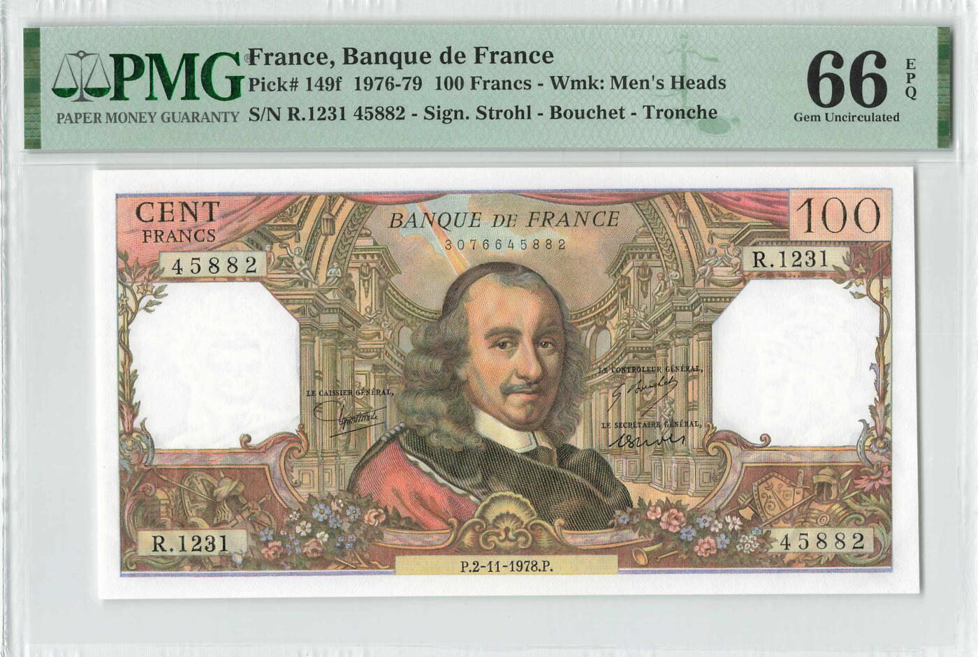 小福收藏拍卖第196期 评级币精选场 本期有68分倒置号布隆迪世界最大纸币 泰国69年10铢纪念钞0A冠百位倒置号  文莱06年500吉令特首年首冠 丹麦经典大松鼠 俄罗斯 玻利维亚 东加勒比 亚美尼亚等多国精美高分珍稀老钞精品纸币 法国 1978年 100法郎 高乃依 PMG66 EPQ 季军分