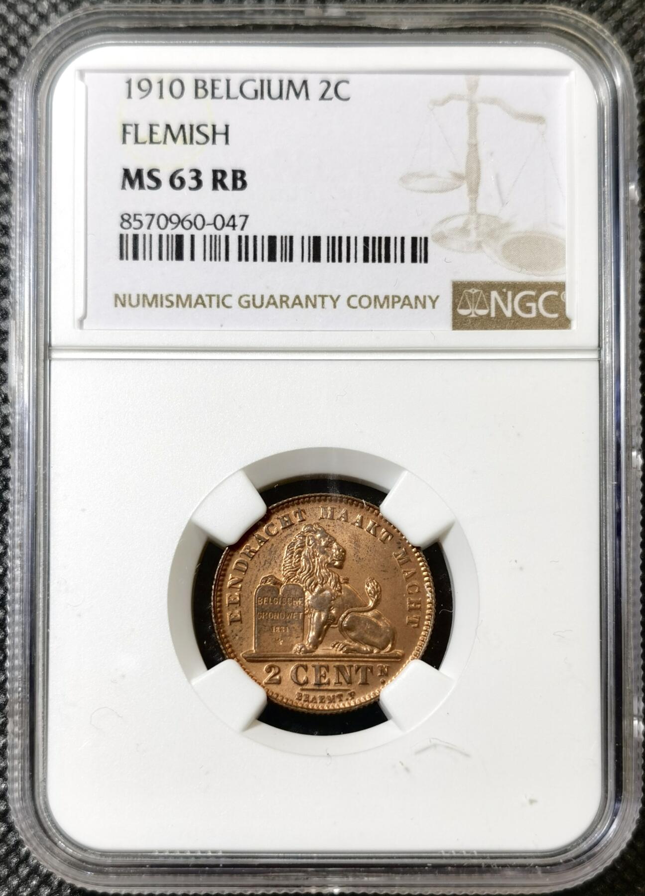 甄臻铺-世界币章拍卖（第40期）送拍享返佣金等优惠多多 NGC-MS63RB 比利时1910二分铜币，铜光四溢，经典品种，很漂亮的一枚